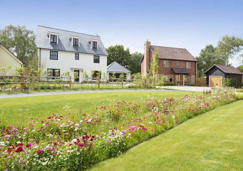A street view of an Elivia Homes street with wildflowers
